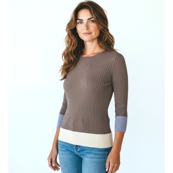 St. John Sweaters - St John Wool Blend Ribbed Small Knit Crew 3/4 Sleeve Colorblock Sweater Top